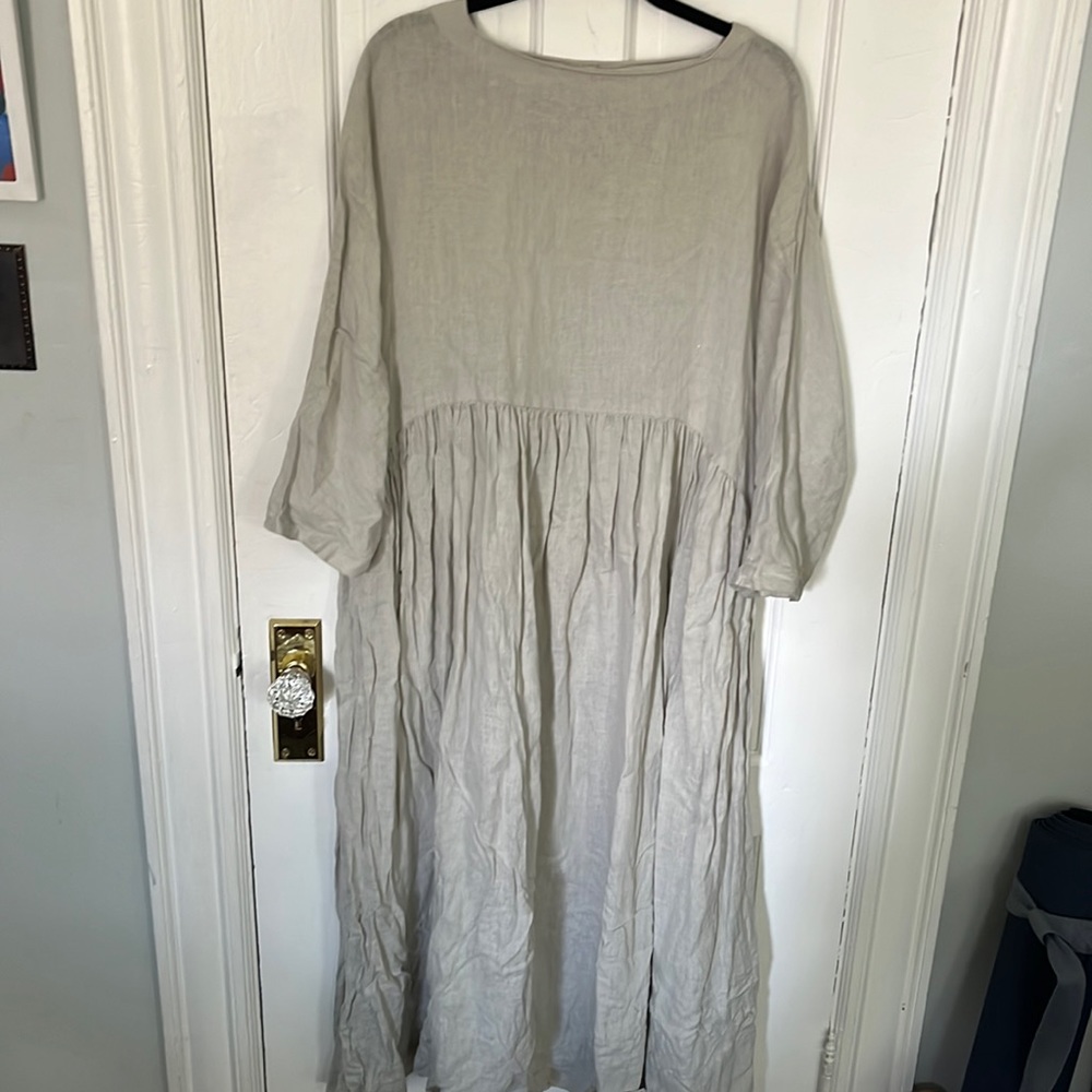 Oatmeal 100% Linen Black Crane Dress